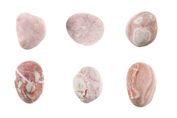 Beautiful Set of nature pink stones isolated on white background.Different kind of pebbles stones.