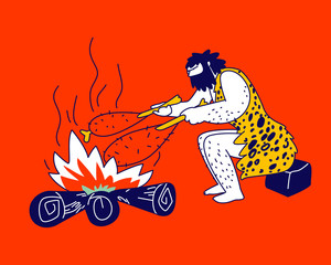 Caveman Character Frying Meat on Bonfire Sitting in Cave. Human Evolution, Prehistory Civilization Period. Member of Tribe Family, Neanderthal Homo Sapiens Lifestyle. Linear Vector Illustration