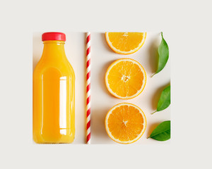 Freshly squeezed orange juice in a bottle, scattered orange slices and a cocktail straw on the table. Design concept, top view