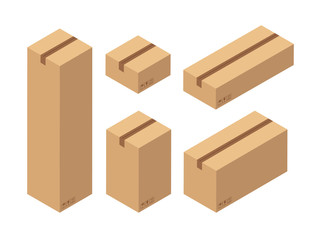 Fototapeta premium Isometric set of closed boxes. Brown cardboard box top view. Vector illustration isolated on white background.