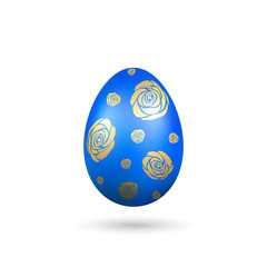 Easter egg 3D icon. Blue gold egg, isolated white background. Bright realistic design, decoration for Happy Easter celebration. Holiday element. Shiny pattern. Spring symbol. Vector illustration