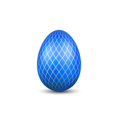 Easter egg 3D icon. Blue color egg, isolated white background. Bright realistic design, decoration for Happy Easter celebration. Holiday element. Shiny pattern. Spring symbol. Vector illustration