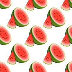 Vector watermelon seamless pattern. Composition half watermelon and triangular slice watermelon on white background. Colorful vector illustration gradient fill in flat style.