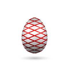 Easter egg 3D icon. Red silver egg, isolated white background. Bright realistic design, decoration for Happy Easter celebration. Holiday element. Shiny pattern. Spring symbol. Vector illustration
