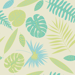Palm, monstera leaves seamless pattern. Summer tropical leaf. Geometric backdrop. Exotic hawaiian jungle, summertime background in pastel colors