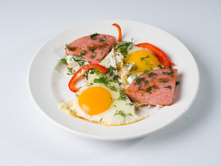 Fried sausage fried eggs on a white round plate. Side view