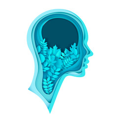 Modern layered cut out colored paper human profile with leafs and branches. Concept of relaxation, tranquility and mental health. Deep paper art origami style