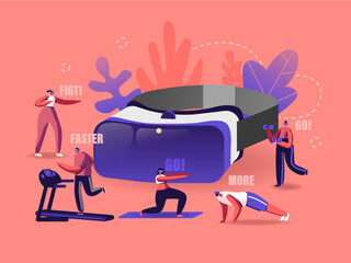 People Use Virtual Reality Technology fro Sports Workout. Male and Female Tiny Characters Wearing Vr Goggles Exercising on Treadmill, Fighting, Push Up, Augmented Reality. Cartoon Vector Illustration