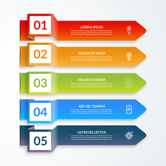 Vector template for business infographics of 5 colored paper arrows with place for numers, text and icons.