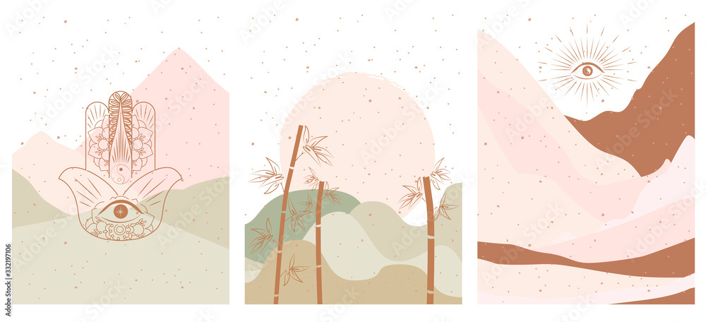 Poster set of abstract posters with elements of buddhism and hinduism, plants in one line style. background