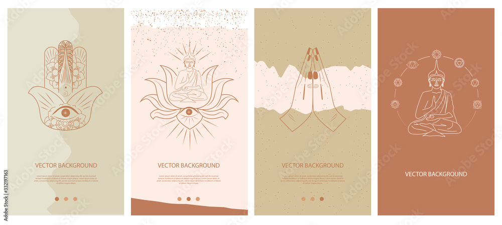 Aufkleber Set of abstract vertical background with elements of buddhism and hinduism plants in one line style. Background for social media minimalistic style. Vector illustration.