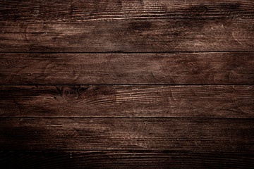 Vintage brown wood background texture with knots and nail holes. Old painted wood wall. Brown abstract background. Vintage wooden dark horizontal boards. Front view with copy space. Background for des - Powered by Adobe