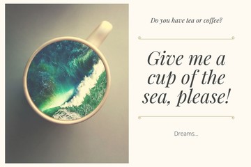 White cup with water. Sea. Ocean. Sea waves. Creative postcard.	