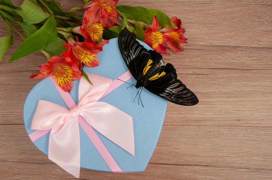 Big beautiful exotic butterfly, flowers, gift and on a wooden background.  Butterfly troides rhadamantus.