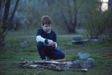 little boy sitting on a tree