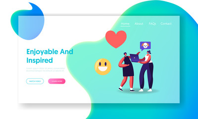 Internet Entertainment, Online Viral Content Landing Page Template. Girl Friend Characters Watching Funny Video on Laptop with Smile Emoji and Heart Icons around. Cartoon People Vector Illustration