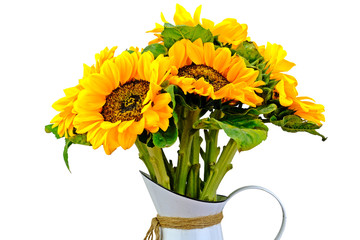 Beautiful Vincent Choice sunflowers in a jar isolate on white background.