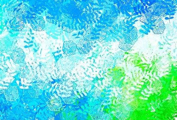 Light Blue, Green vector doodle background with leaves, flowers.
