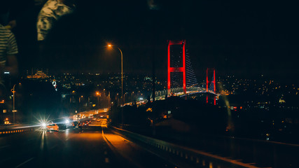First-person inside view of Bosphorus Bridge connecting Europe and Asia