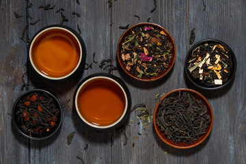 assortment of fragrant tea. black, floral and herbal drinks, top view