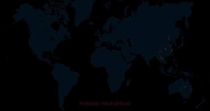 World map showing how a pandemic virus, such as Coronavirus, spreads across the world. Epicenter of Wuhan, China, with spread to Italy and the rest of the world. 4k resolution
