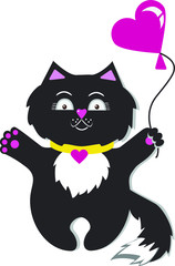  Illustration. Black kitten with a heart-shaped balloon.