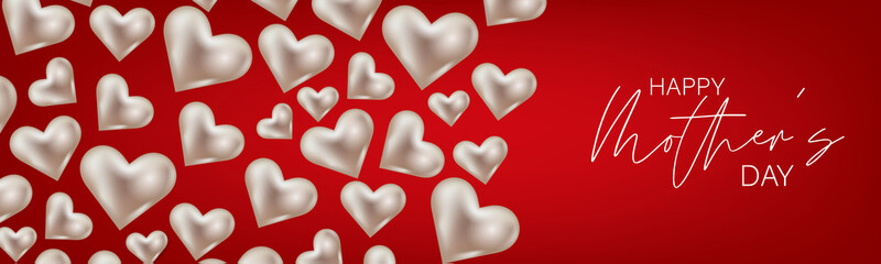 Happy Mothers Day banner, website or newsletter header. Hearts on red backgrounds. Vector illustration.