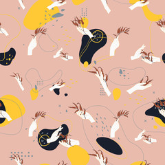 Abstract seamless pattern with female hands holding  branches with leaves and plants, lines and round shapes. Delicate terracotta color, white, navy blue and yellow.