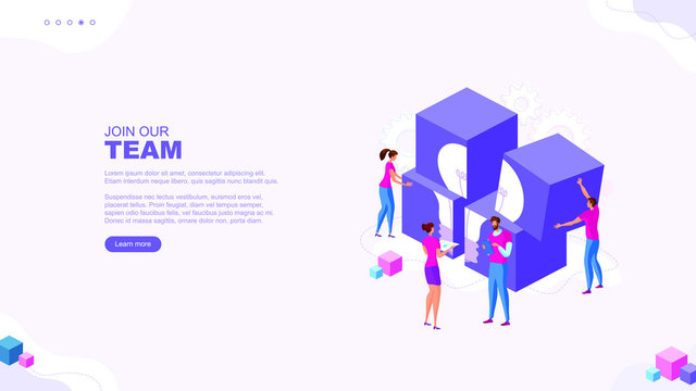 Trendy Flat Illustration. Join Our Team  Page Concept. Cooperation Of People Who Implement The Joint Idea. Illustration Of The Idea Birth Process. Template For Your Design Works. Vector Graphics.