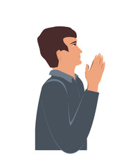 Profile portrait of praying Christian man, faith and religion concept. Vector illustration
