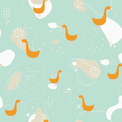 Seamless pattern. Orange cartoon geese on abstract turquoise background with dots, lines and round shapes around.