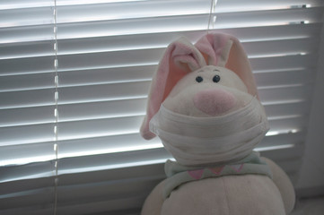 soft toy in a mask by the window, the concept of virus quarantine