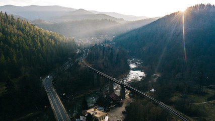 Aero winter landscape in mountain city Yaremche