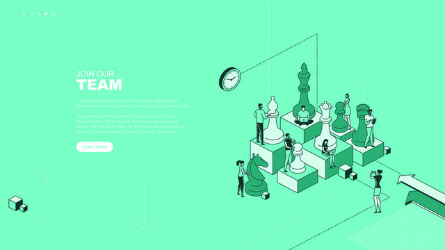 Trendy flat illustration. Join our team  page concept. People work. Business strategy. Teamwork and competition. Chess game. Chess pieces.Template for your design works. Vector graphics.