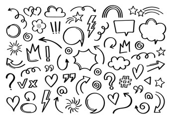 Super set different hand drawn element. Collection of arrows, crowns, circles, doodles on white background. Vector graphic design © NazArt