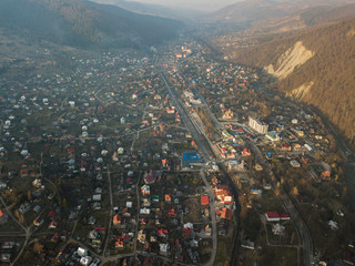 Aero winter landscape in mountain city Yaremche