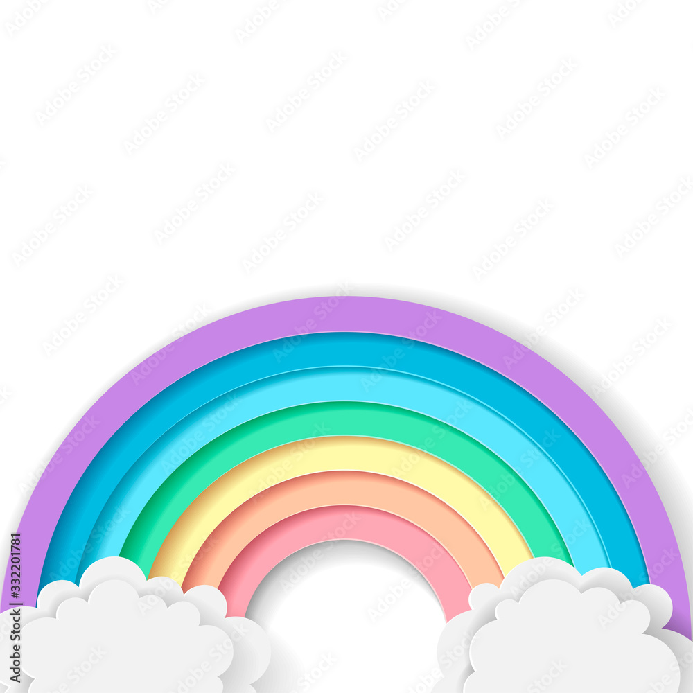 Wall mural stylized paper cutout rainbow and clouds isolated on white background. paper pastel colored rainbow