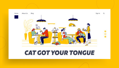 Obraz na płótnie Canvas People Visit Cat Cafe Landing Page Template. Characters Sitting at Tables Drinking Beverages with Kittens Playing and Relaxing. New Type of Hospitality Business Cozy Place. Linear Vector Illustration