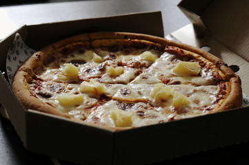Traditional Italian pizza with crab sticks and olives. Top view. free space for your text. Rustic style.