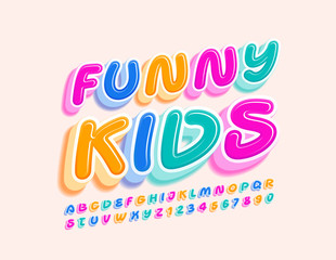 Vector bright sign Funny Kids. Creative colorful Font. 3D Handwritten Alphabet Letters and Numbers