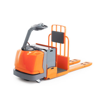 Order Picker Isolated On White. Side View Of Orange Low-Lift Order Picker Truck With Lifting Driver Platform. Industrial Vehicle. Pneumatic Forklift Truck. Electric Stacker Truck. Warehouse Equipment