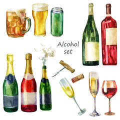 Watercolor illustration of a set of alcoholic drinks. - 332202710