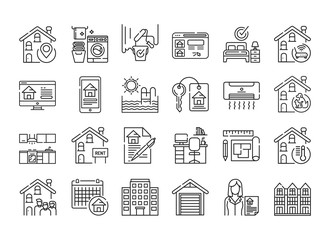 Rent home and real estate black line icons set. Buildings and property. Purchasing, sale and leasing. Pictogram for web page, mobile app, promo. UI UX GUI design element. Editable stroke.
