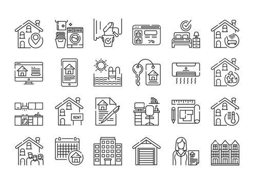 Rent home and real estate black line icons set. Buildings and property. Purchasing, sale and leasing. Pictogram for web page, mobile app, promo. UI UX GUI design element. Editable stroke.