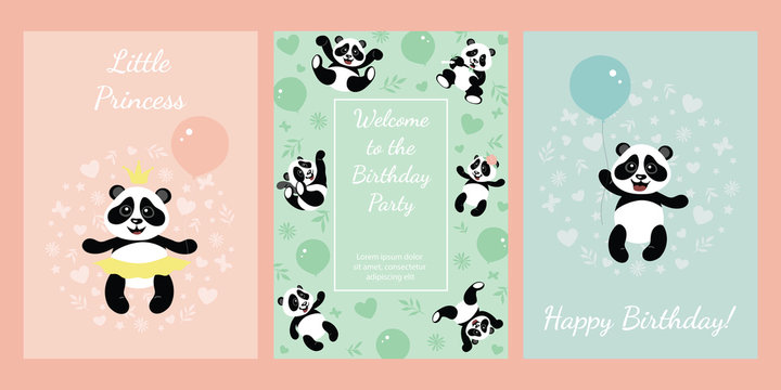 A set of postcards for children with the image of pandas. Design elements for cards, flyers, banners.