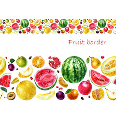 Watercolor illustration. A border of fruits. Fruit in the strip. Watermelon, melon, plum, pomegranate, pear, mandarin.