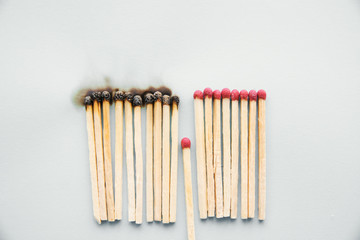 concept to stop the coronavirus COVID-19 from spreading -Matchsticks burn and one piece prevents fire from spreading, Social distance or stay at home