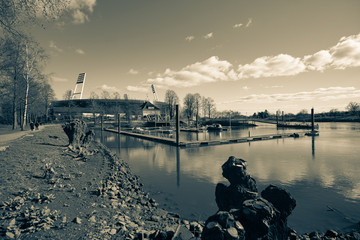 Beautiful Dyke at the Weser River with Stadium in the Background in Bremen