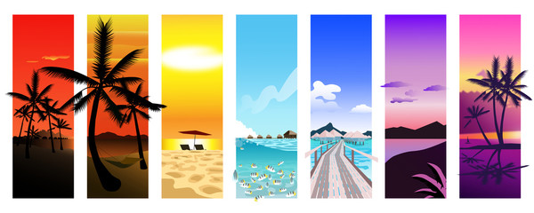 The beach and island in the color of a spectrum. Illustration.
