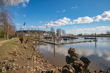Beautiful Dyke at the Weser River with Stadium in the Background in Bremen